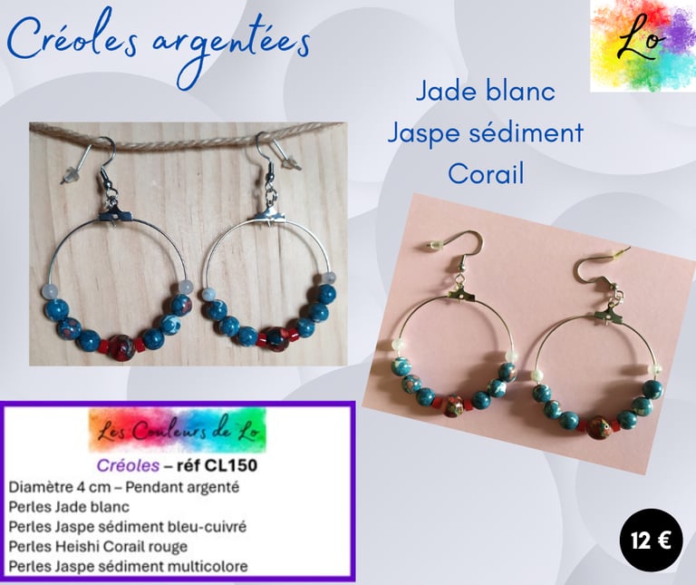 Créoles argentées 4 cm Jade blanc Jaspe sédiment Corail rouge Les Couleurs de Lo