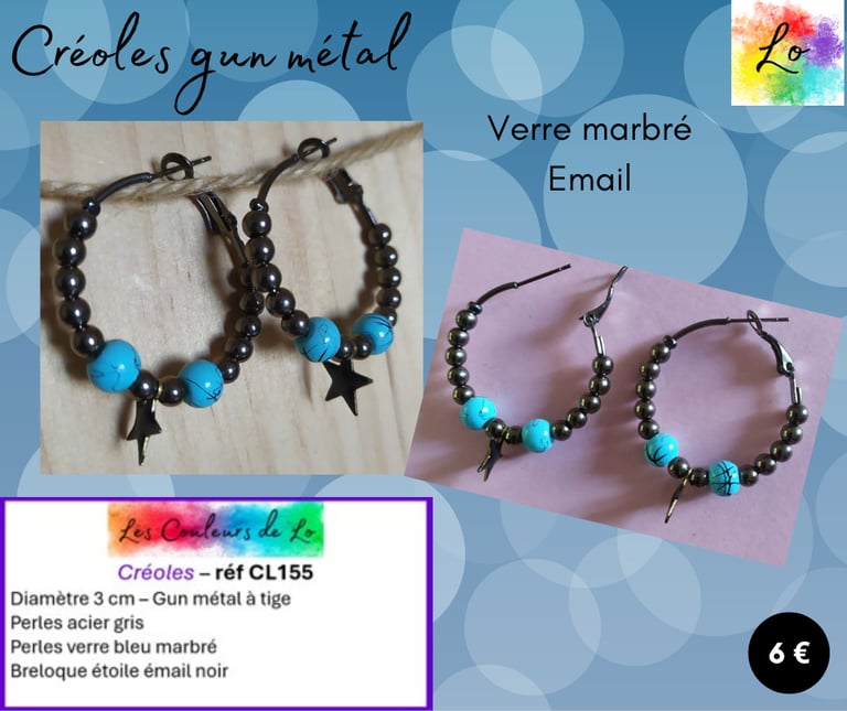 Créoles gun métal 3 cm verre marbré bleu étoile émail noir Les Couleurs de Lo