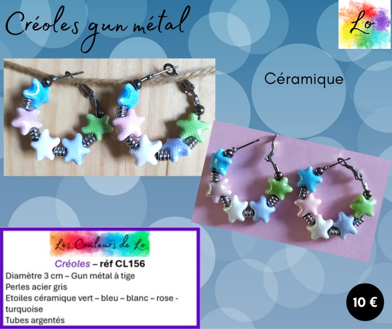 Créoles gun métal 3 cm étoiles céramique 4 couleurs Les Couleurs de Lo
