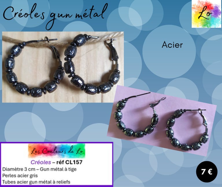 Créoles gun métal 3 cm tubes acier à reliefs Les Couleurs de Lo