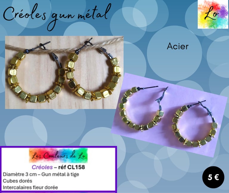 Créoles gun métal 3 cm cubes fleurs dorés Les Couleurs de Lo