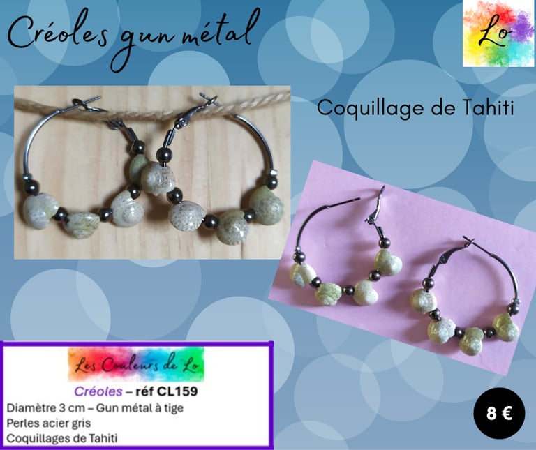 Créoles gun métal 3 cm coquillages de Tahiti Les Couleurs de Lo