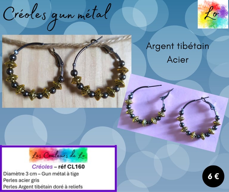 Créoles gun métal 3 cm Argent tibétain doré à reliefs Les Couleurs de Lo