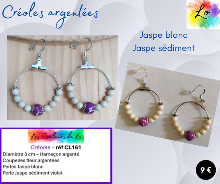 Créoles argentées 3 cm Jaspe blanc Jaspe sédiment violet Les Couleurs de Lo