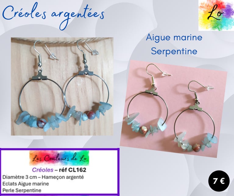 Créoles argentées 3 cm Aigue marine Serpentine Les Couleurs de Lo