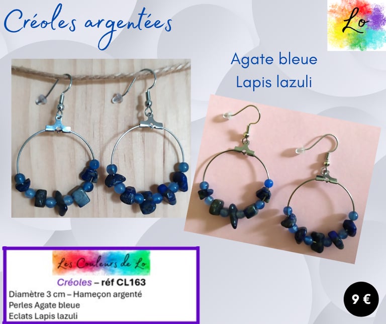 Créoles argentées 3 cm Agate bleue Lapis lazuli Les Couleurs de Lo