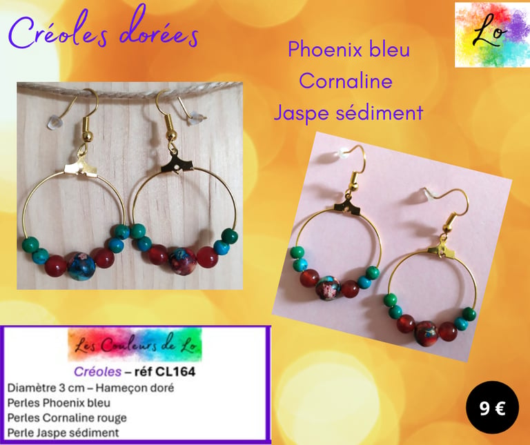 Créoles dorées 3 cm Phoenix bleu Cornaline Jaspe sédiment Les Couleurs de Lo