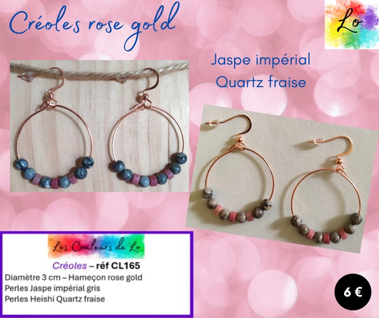Créoles rose gold 3 cm Jaspe impérial gris Quartz fraise Les Couleurs de Lo