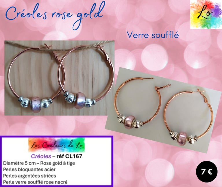 Créoles rose gold 5 cm acier strié verre soufflé rose nacré Les Couleurs de Lo