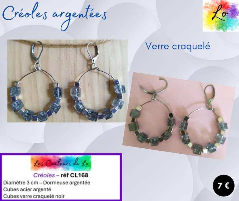 Créoles argentées 3 cm cubes acier cubes verre craquelé noir Les Couleurs de Lo