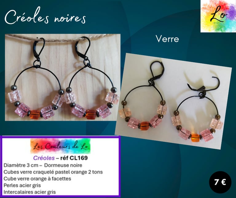 Créoles noires 3 cm verre orange acier gris Les Couleurs de Lo