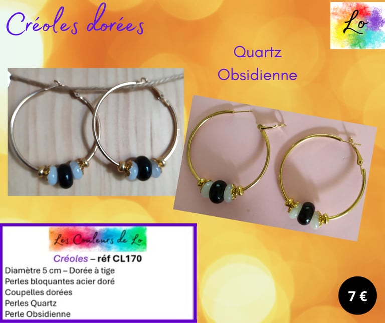  Créoles dorées 5 cm Quartz Obsidienne Les Couleurs de Lo