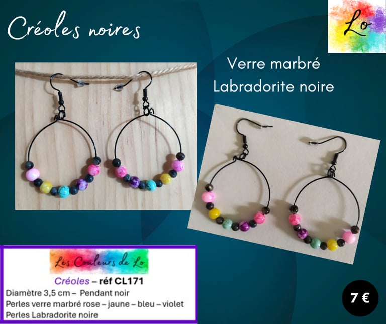 Créoles noires 3,5 cm verre marbré Labradorite noire Les Couleurs de Lo