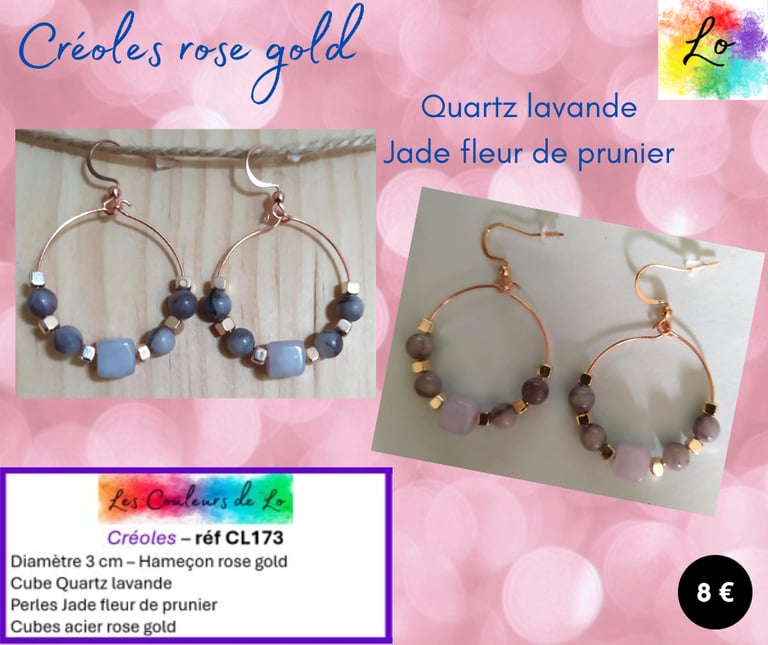 Créoles rose gold 3 cm Quartz lavande Jade fleur de prunier Les Couleurs de Lo