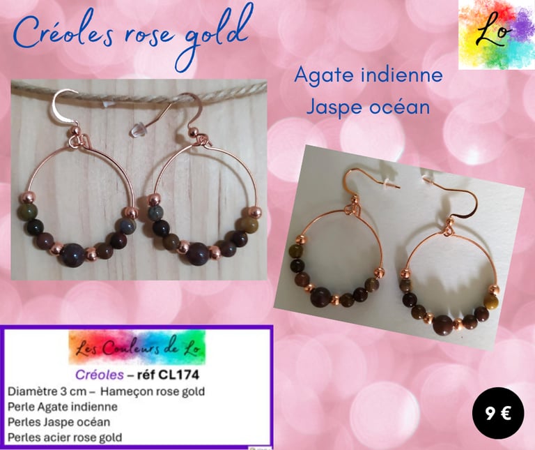 Créoles rose gold 3 cm Agate indienne Jaspe océan Les Couleurs de Lo