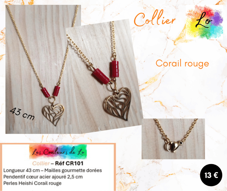 Collier doré Corail rouge pendentif cœur acier Les Couleurs de Lo