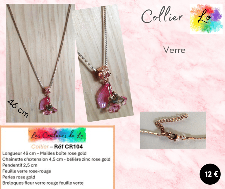 Collier rose gold feuille verre rouge fleur verre rouge-vert Les Couleurs de Lo