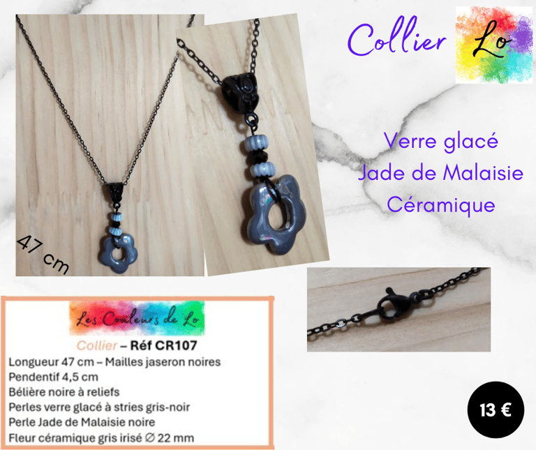 Collier noir pendentif verre glacé Jade de Malaisie noir fleur céramique grise Les Couleurs de Lo