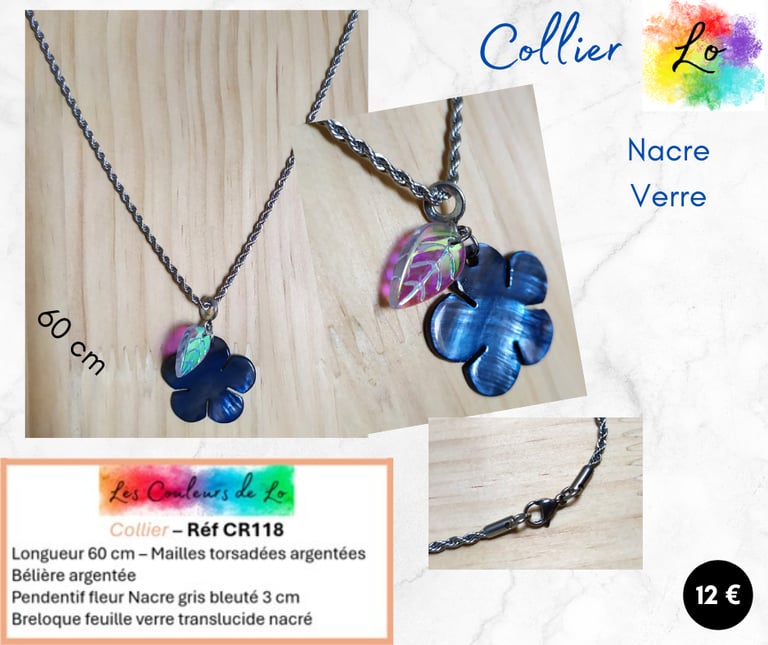 Collier argenté fleur Nacre gris bleuté feuille verre nacré Les Couleurs de Lo