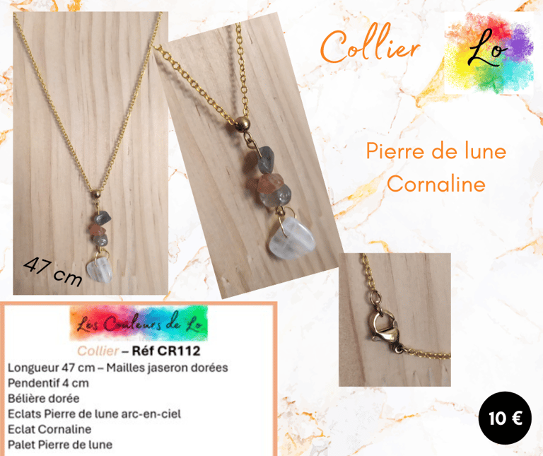 Collier doré Pierre de lune Cornaline Les Couleurs de Lo