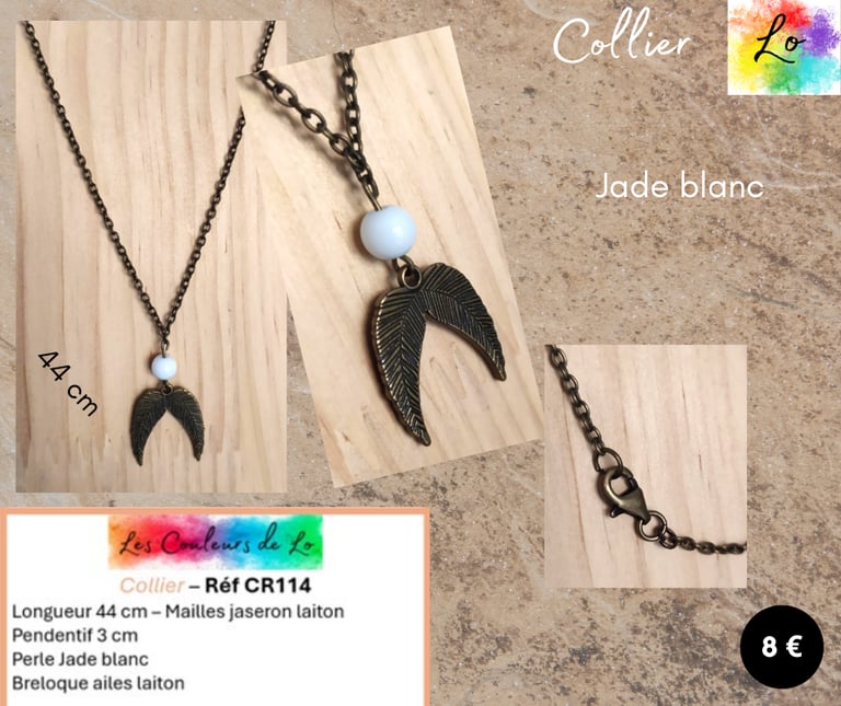 Collier laiton Jade blanc aile laiton Les Couleurs de Lo