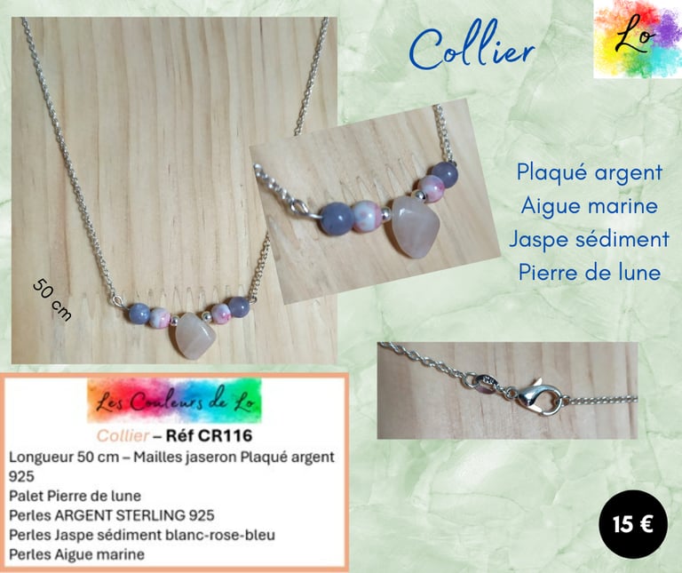 Collier Plaqué argent Aigue marine Jaspe sédiment Pierre de lune Les Couleurs de Lo