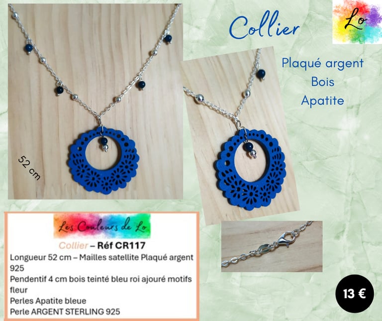 Collier Plaqué argent bois bleu Apatite bleue Les Couleurs de Lo