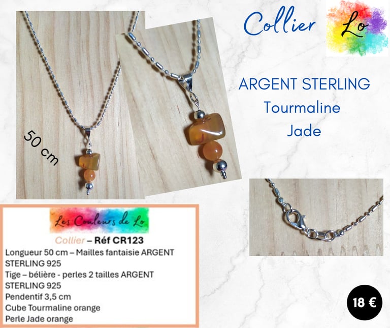 Collier Argent 925 perles 925 Tourmaline orange Jade orange Les Couleurs de Lo