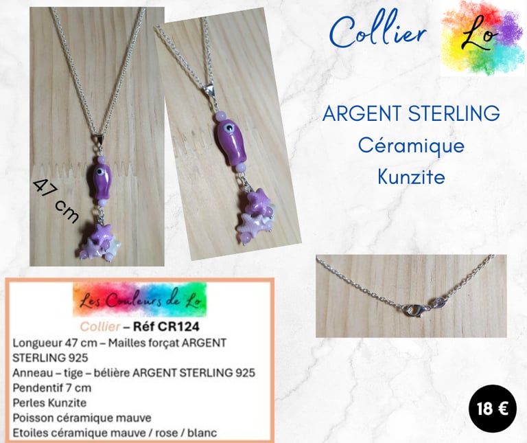 Collier Argent 925 céramique Kunzite Les Couleurs de Lo