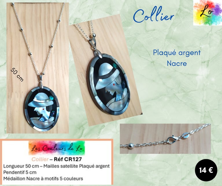 Collier Plaqué argent médaillon Nacre Les Couleurs de Lo