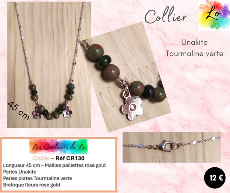 Collier rose gold Unakite Tourmaline verte fleurs Les Couleurs de Lo