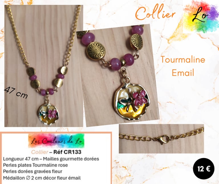 Collier doré Tourmaline rose perles gravées médaillon fleur émail Les Couleurs de Lo
