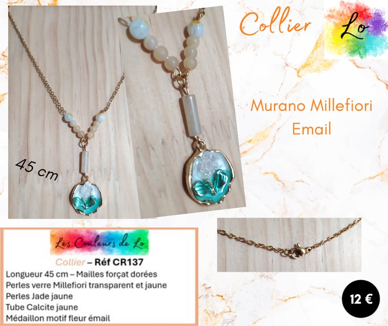 Collier doré verre Millefiori Jade Calcite médaillon fleur émail Les Couleurs de Lo