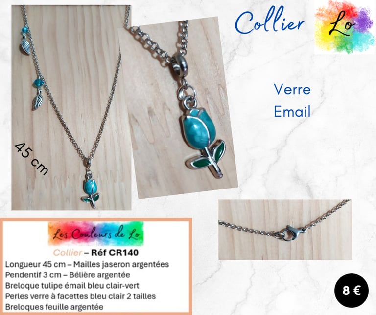 Collier argenté tulipe émail bleu clair verre bleu clair feuilles argentées Les Couleurs de Lo