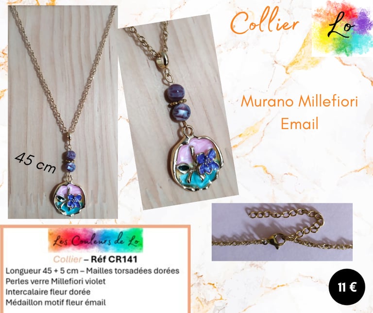 Collier doré verre Millefiori violet médaillon fleur émail Les Couleurs de Lo