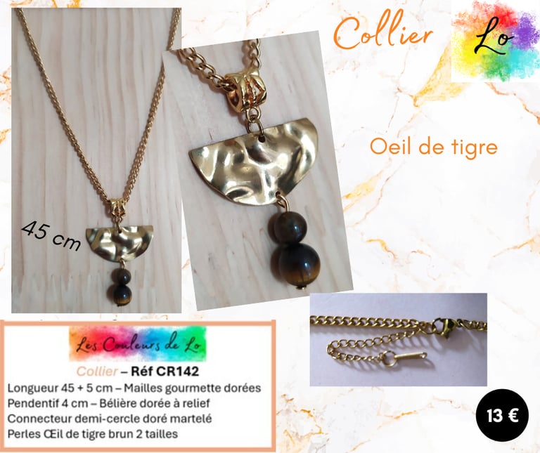 Collier doré connecteur martelé Oeil de tigre Les Couleurs de Lo