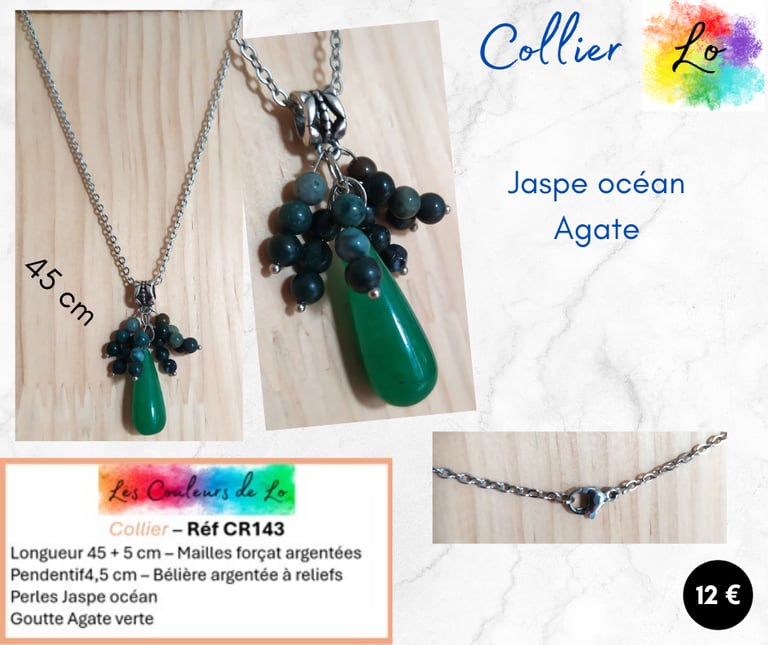 Collier argenté Jaspe océan Agate verte Les Couleurs de Lo