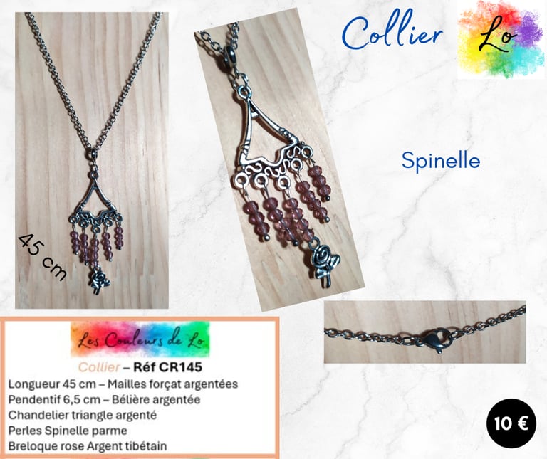 Collier argenté chandelier triangle Spinelle parme fleur Argent tibétain Les Couleurs de Lo