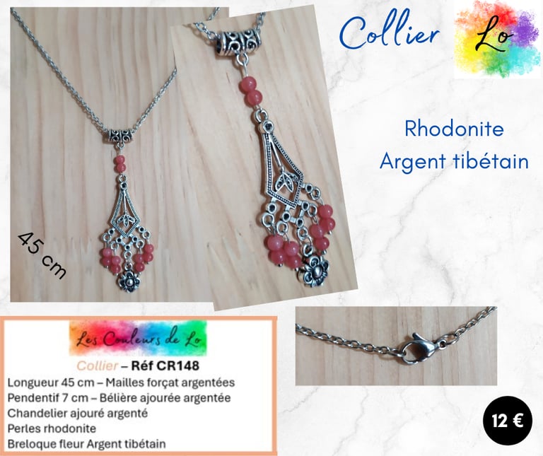 Collier argenté chandelier Rhodonite fleur Argent tibétain Les Couleurs de Lo