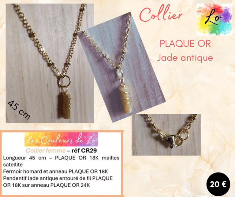 Collier Plaqué or pendentif Jade antique Les Couleurs de Lo