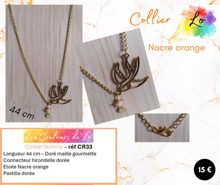 Collier doré oiseau acier étoile Nacre orange Les Couleurs de Lo