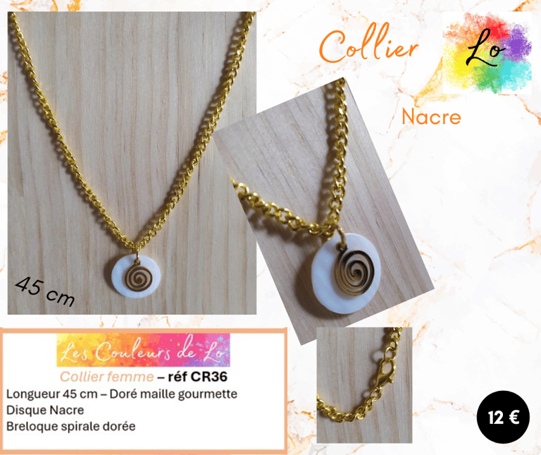 Collier doré disque Nacre spirale acier Les Couleurs de Lo