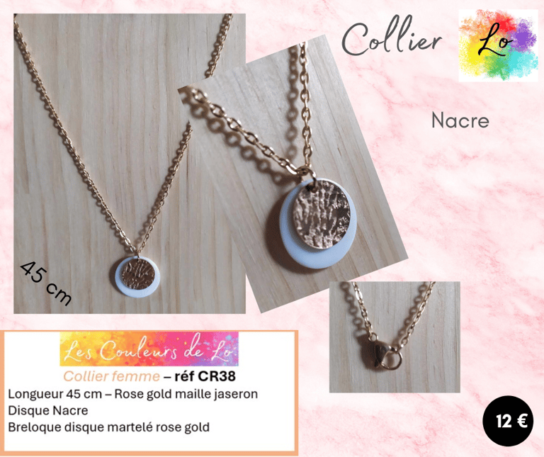 Collier rose gold disque Nacre disque métal martelé Les Couleurs de Lo