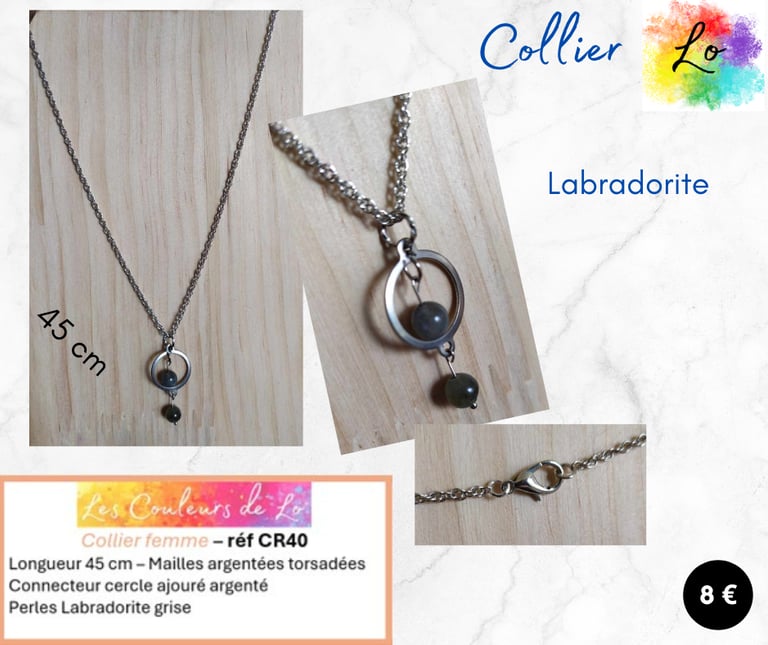 Collier argenté cercle acier Labradorite gris Les Couleurs de Lo