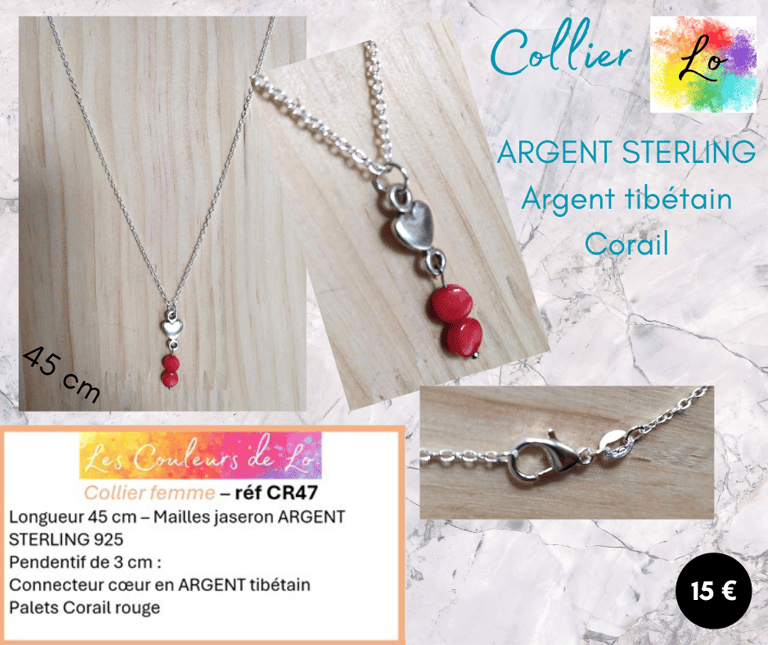 Collier Argent Sterling 925 Corail rouge cœur Argent tibétain Les Couleurs de Lo