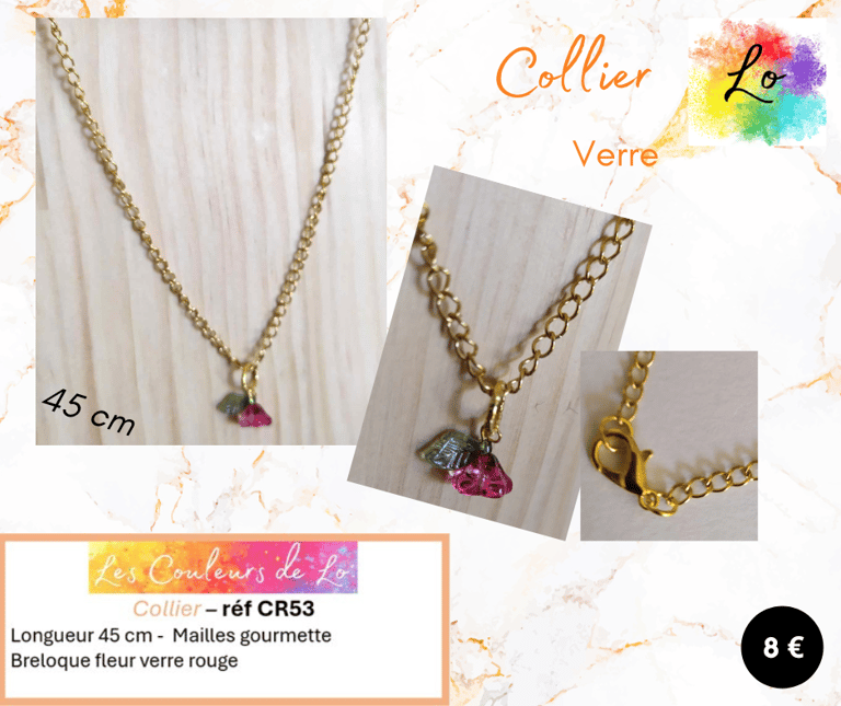 Collier doré pendentif fleur verre rouge-vert Les Couleurs de Lo