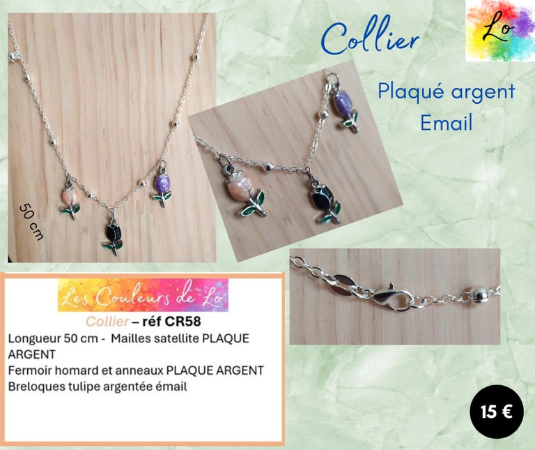 Collier Plaqué argent pendentif tulipes émail Les Couleurs de Lo