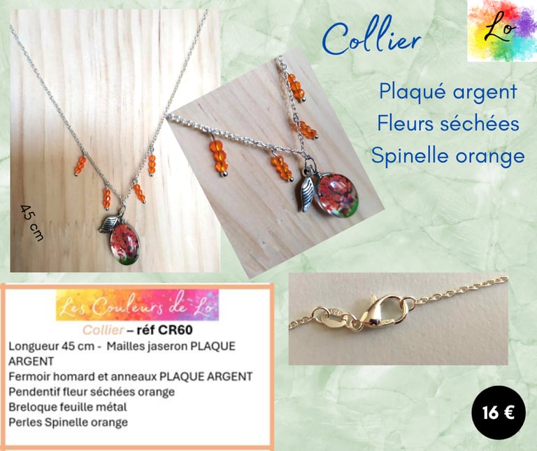 Collier Plaqué argent pendentif fleurs séchées orange feuille acier Spinelle Les Couleurs de Lo