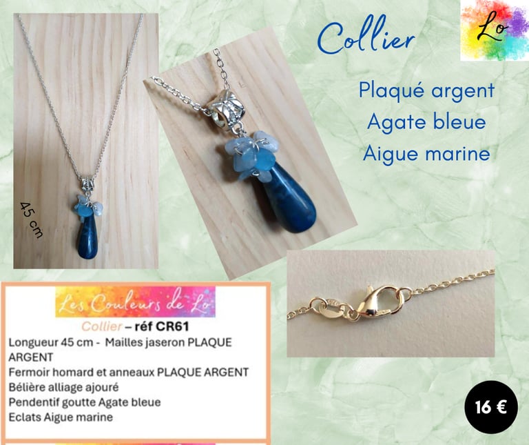 Collier Plaqué argent pendentif Agate bleue Aigue marine Les Couleurs de Lo