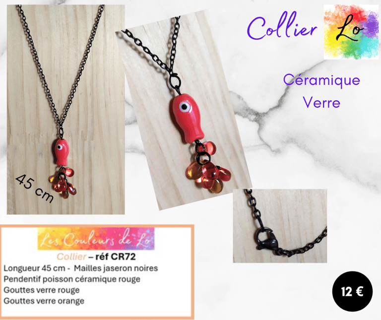 Collier noir pendentif poisson céramique rouge verre coloré Les Couleurs de Lo